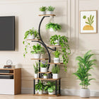 Indoor Plant Stand with Black Metal Frame, Wood Finish Shelves and Grow Lights