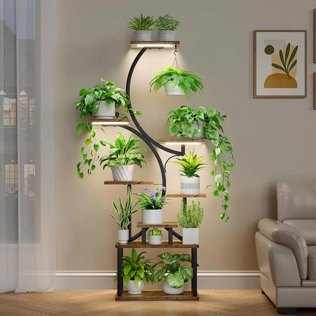 Indoor Plant Stand with Black Metal Frame, Wood Finish Shelves and Grow Lights
