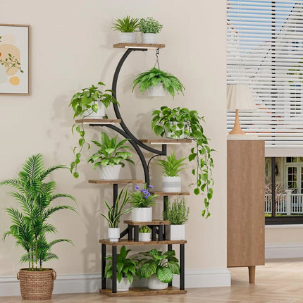 Indoor Plant Stand with Black Metal Frame, Wood Finish Shelves and Grow Lights