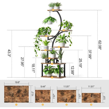 Indoor Plant Stand with Black Metal Frame, Wood Finish Shelves and Grow Lights