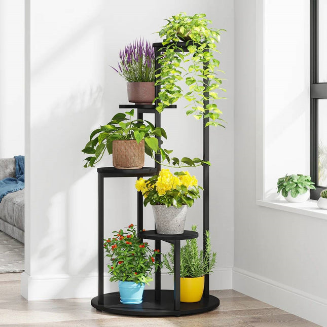 indoor standing plants 5-Tier Indoor Plant Stand with Black Metal Frame and Brown Wood Finish
