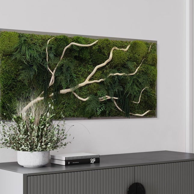 Handmade 40” x 18” White Branch Moss & Ferns Plant Painting