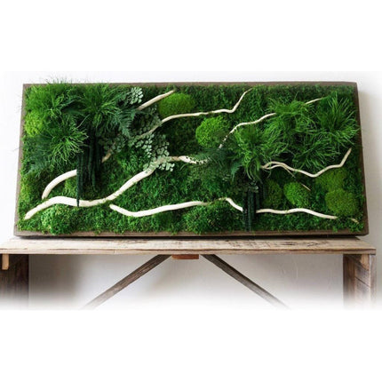 Handmade 40” x 18” White Branch Moss & Ferns Plant Painting