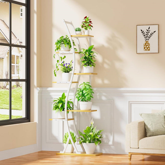63-inch Tall Indoor Plant Stand with White Metal Frame, Wood Finish Shelves and Lights