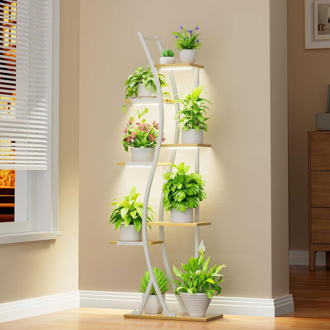 63-inch Tall Indoor Plant Stand with White Metal Frame, Wood Finish Shelves and Lights