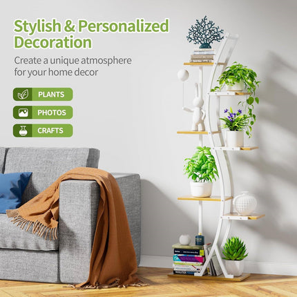 63-inch Tall Indoor Plant Stand with White Metal Frame, Wood Finish Shelves and Lights