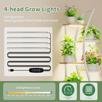 63-inch Tall Indoor Plant Stand with White Metal Frame, Wood Finish Shelves and Lights