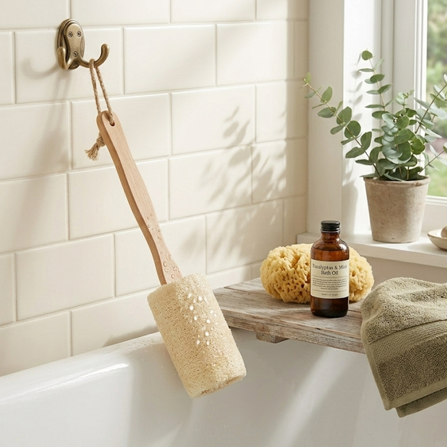 Natural Loofah Bath Brush w/Long Handle.